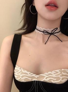甜酷辣妹黑色蝴蝶结蕾丝颈带锁骨链项圈项链绑带choker脖子配饰