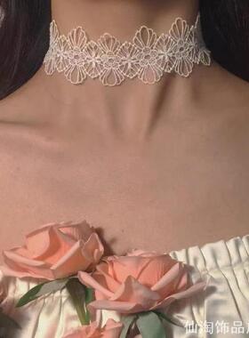 系带脖子配饰遮颈纹白色蕾丝项圈