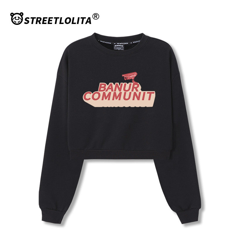 ins超火黑色短款套头2021春秋卫衣 街头萝莉卫衣/绒衫