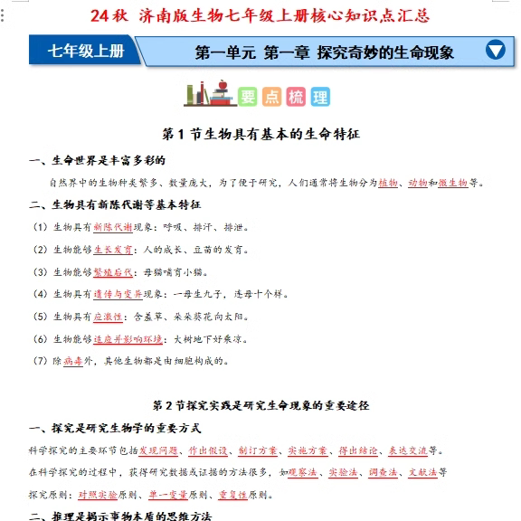 新版本初一七年级上册语文数学英语政史地生知识点总结梳理归纳小四门预习复习课堂笔记本