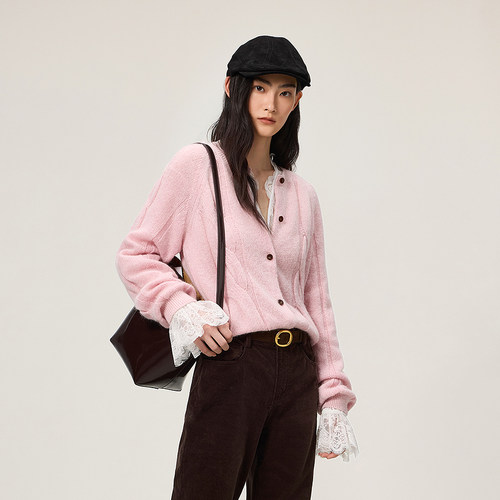 OCHIRLY欧时力 羊毛绞花针织外套女圆领开衫上衣慵懒2025秋季新品 - 图1