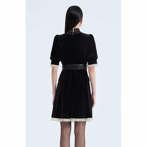 黑标系列 欧时力 丝绒短袖连衣裙秋装法式宫廷风小黑裙 - 图1