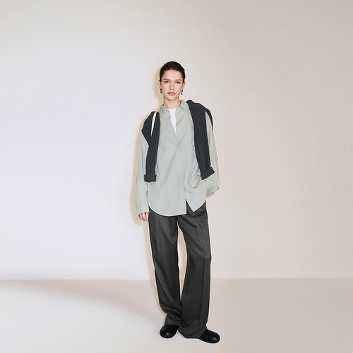 OCHIRLY欧时力 莫代尔宽松长袖衬衫女中长时尚静奢2024秋季新品 - 图0