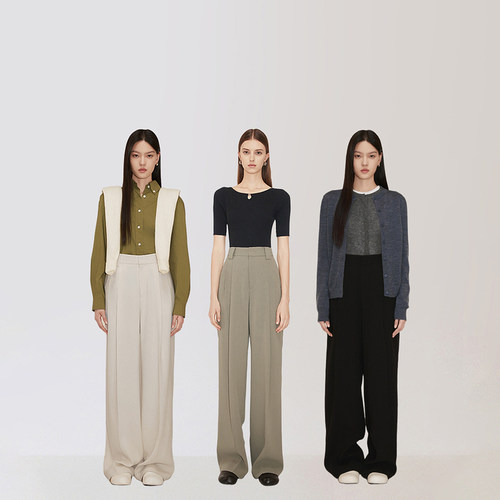 ochirly欧时力仿醋酸阔腿长裤女西装裤垂坠宽松显瘦2025春新款 - 图2