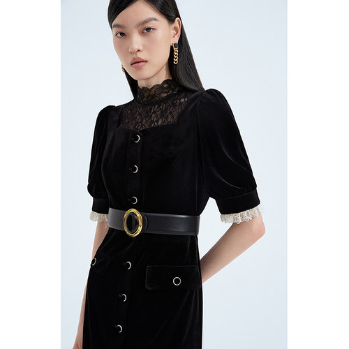 黑标系列 欧时力 丝绒短袖连衣裙秋装法式宫廷风小黑裙 - 图2