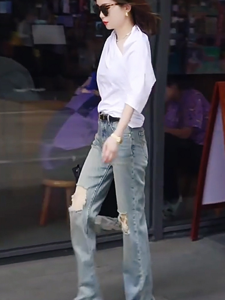高级感夏季新款显瘦独特设计款白色衬衫时髦破洞牛仔裤两件套女,淘宝优惠券,粉丝福利购,淘宝优惠卷