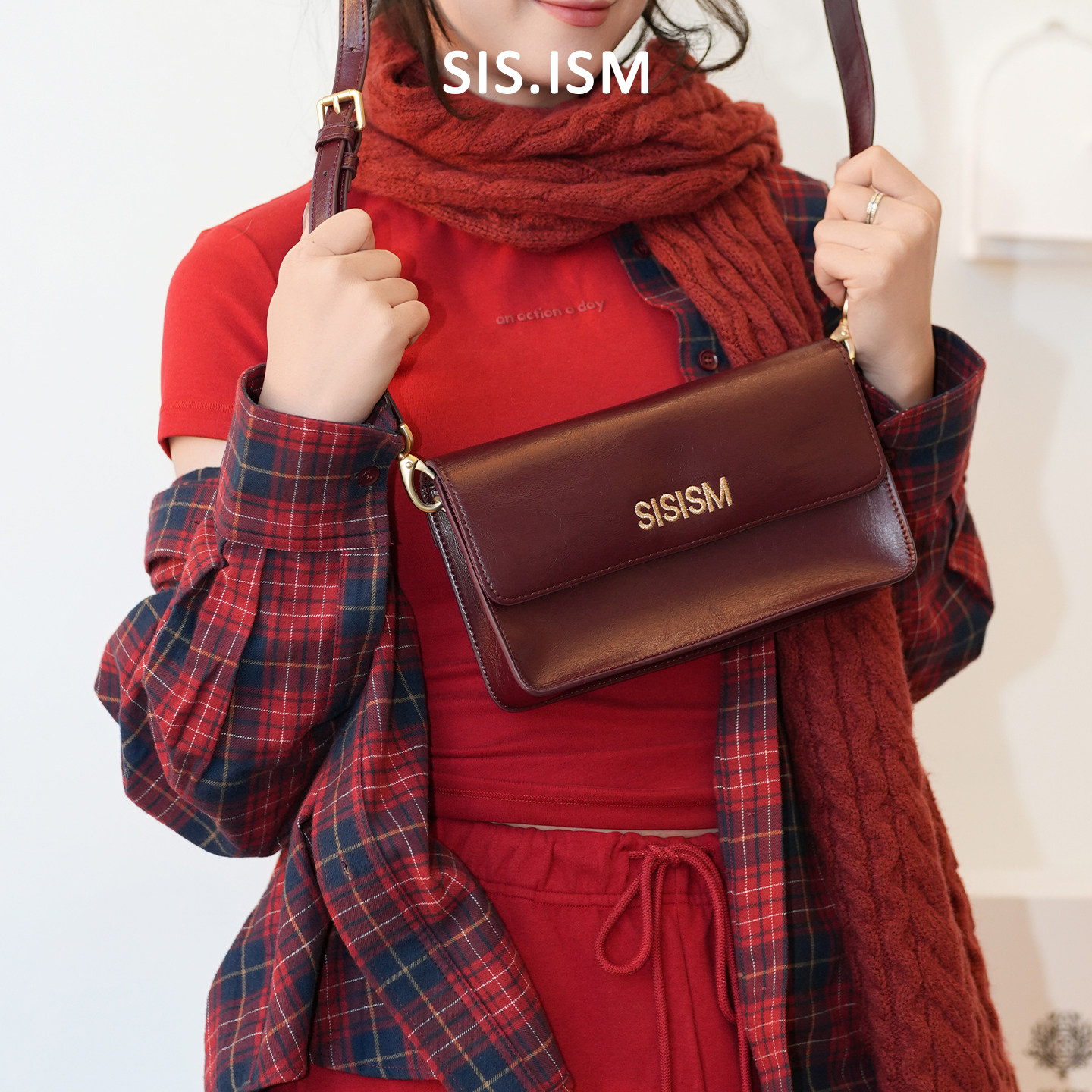 设计师原创姐妹主义马年新年新款秋冬红色牛皮小方包单肩斜挎包女,淘宝优惠券,粉丝福利购,淘宝优惠卷