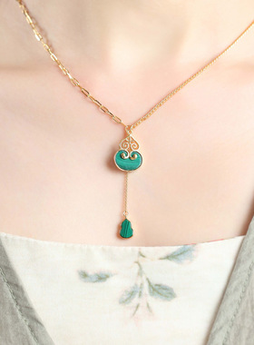 S925纯银镀18k金镶嵌青金石孔雀石青玉项链葫芦精致唯美时尚女