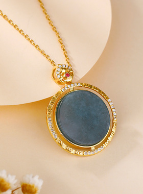S925纯银镀18K金镶天然蓝水翡翠大圆牌吊坠精致复古个性潮流
