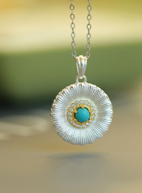 S925纯银镀18K金电白拉丝绿松石 太阳花吊坠耳饰清新淡雅百搭