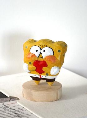 Q版海绵宝宝派大星手工木雕小摆件木质雕刻卡通治愈可爱桌面装饰