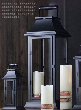 简约中式复古手提防风蜡烛台 铁艺玻璃户外庭院落地风灯烛台摆件
