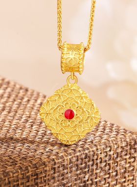 s925纯银四方如意项链女红色宫廷风精致轻奢锁骨链祥云纹理吊坠