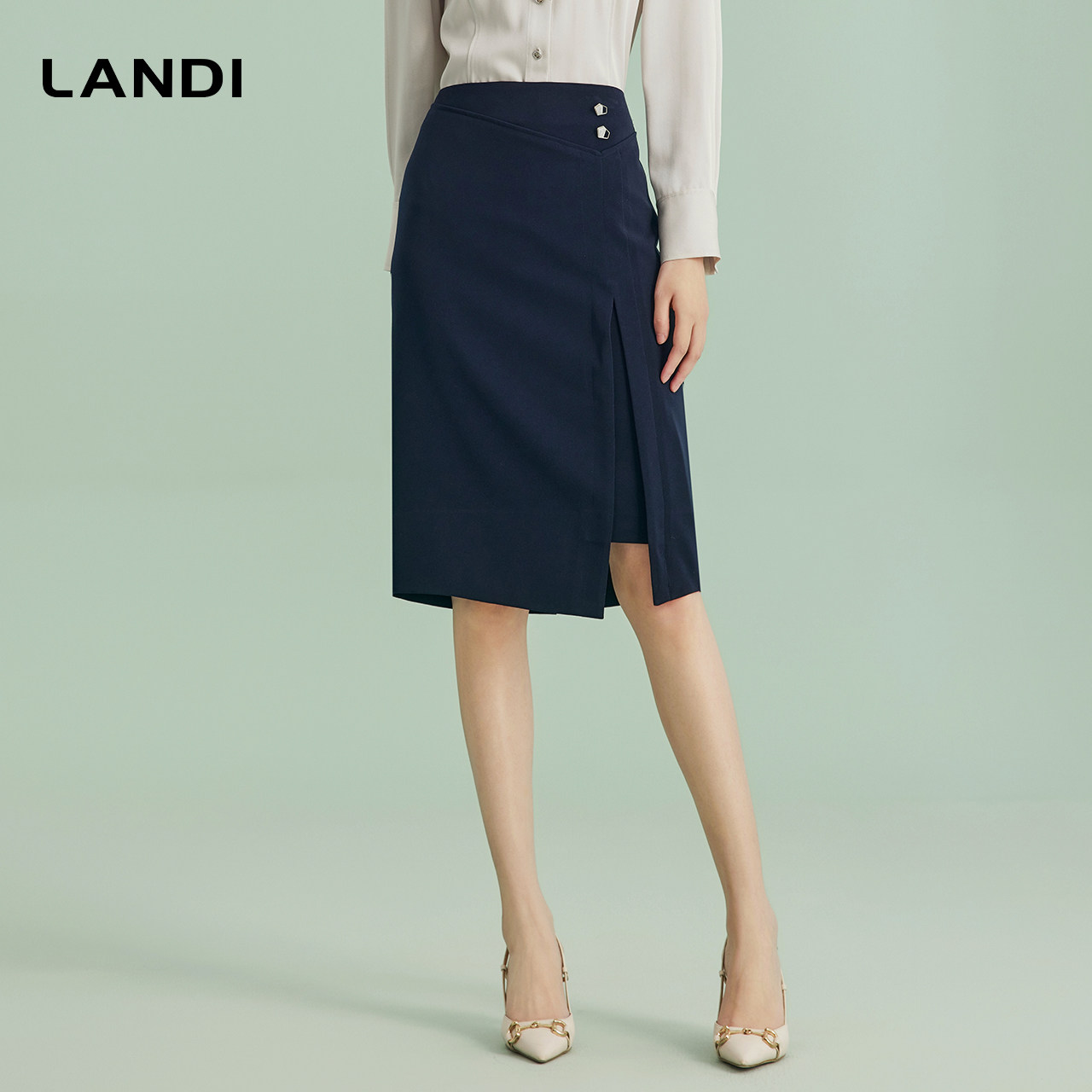 LANDI藏蓝色知性气质半身裙女职业感高腰半裙春新品,淘宝优惠券,粉丝福利购,淘宝优惠卷