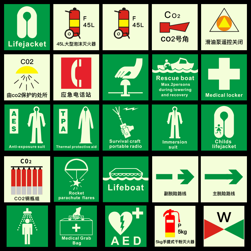 IMO标识标牌船舶荧夜光贴灭火器感烟报警器AB级自闭铰链防火门自发光国际通岸接头集合站脱险路线救生筏衣 - 图0