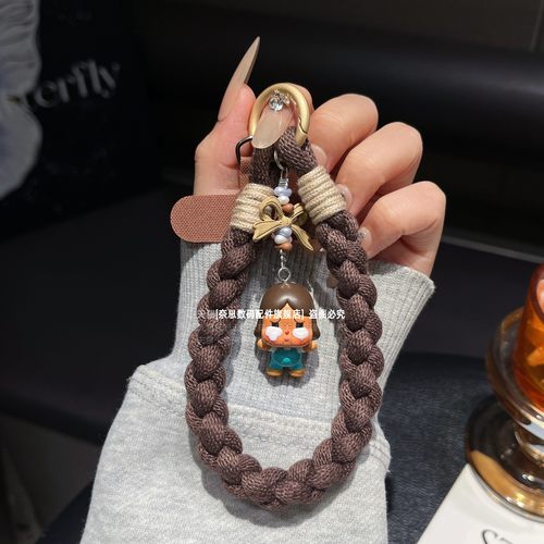 哭娃手机链挂绳正版泡泡玛特包包挂件重工编织挂手腕耐用短手绳棕色dimoo萌粒钥匙可爱sp原创潮牌挂饰盲盒壳 - 图3