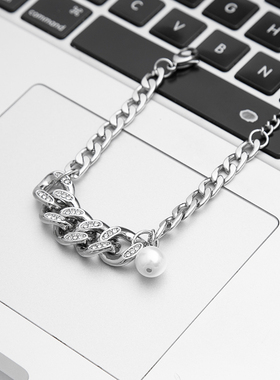 带钻珍珠NB古巴手链钛钢不掉色