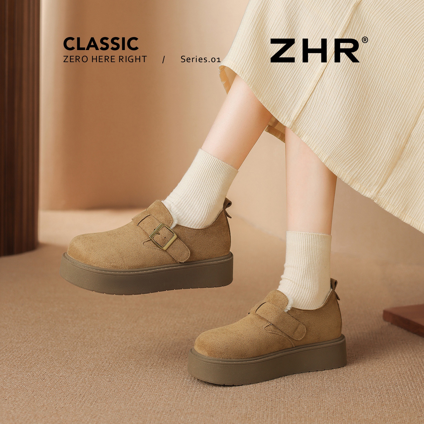 ZHR加绒勃肯鞋女2025冬新款厚底毛毛鞋一脚蹬防水保暖棉鞋雪地靴 - 图0