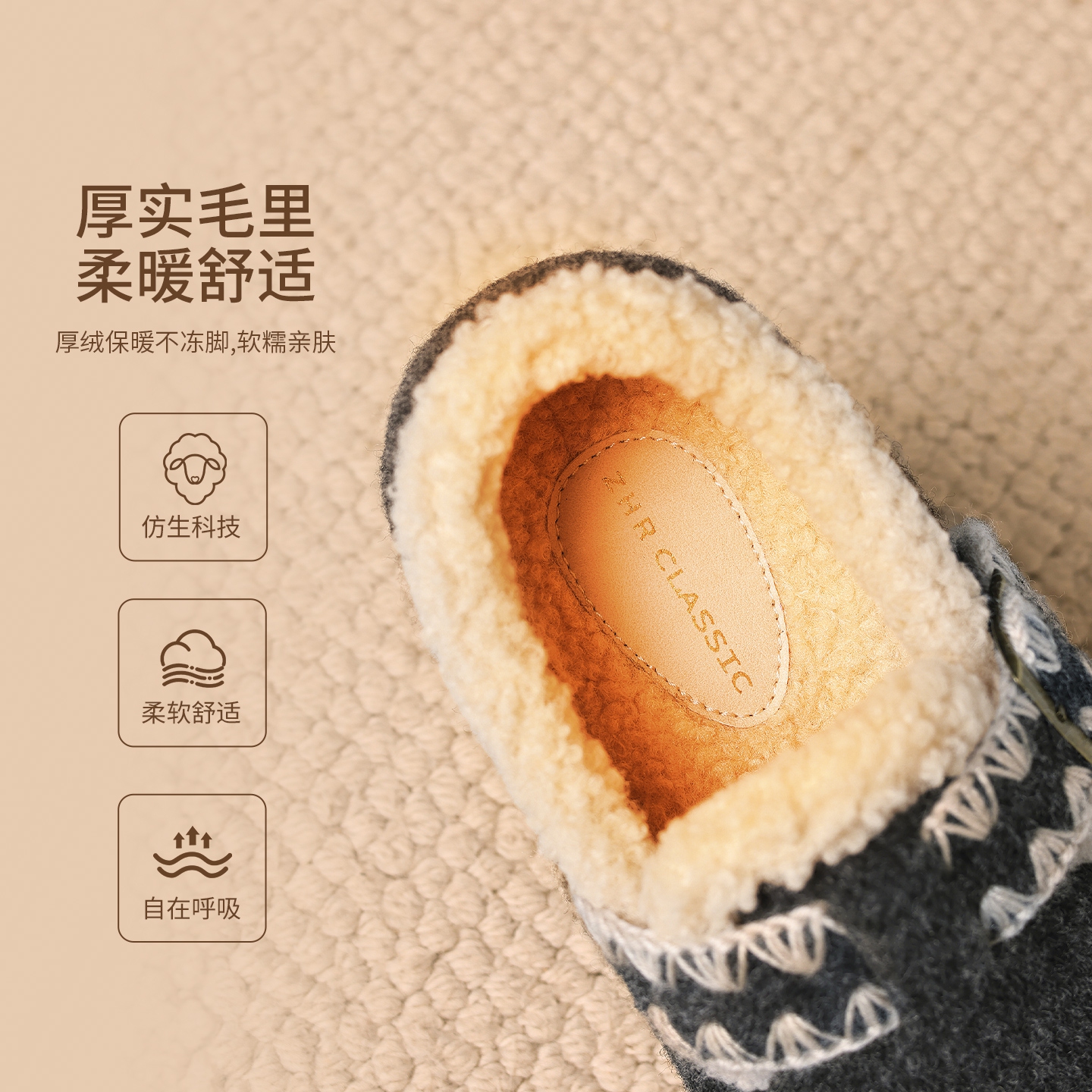 加绒勃肯鞋女2025冬新款复古保暖一脚蹬毛毛棉鞋增高灰色全包单鞋 - 图2