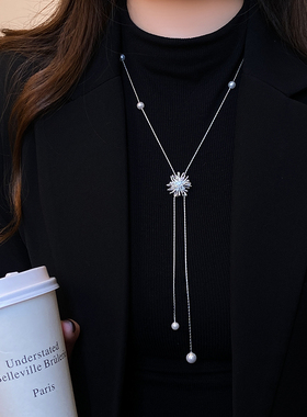 古婷银色雪花珍珠长项链高级感