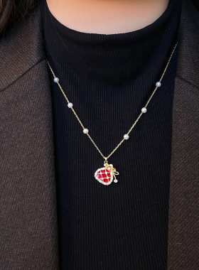 古婷红色福袋吊坠珍珠项链高级感