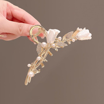 High-end Hair Clip Womens Water Drill Pearl Tulip Grip Clip Rear Brain Spoon Temperament Disc Hair Clip Hair Grip Advanced Sensation Shark Clip