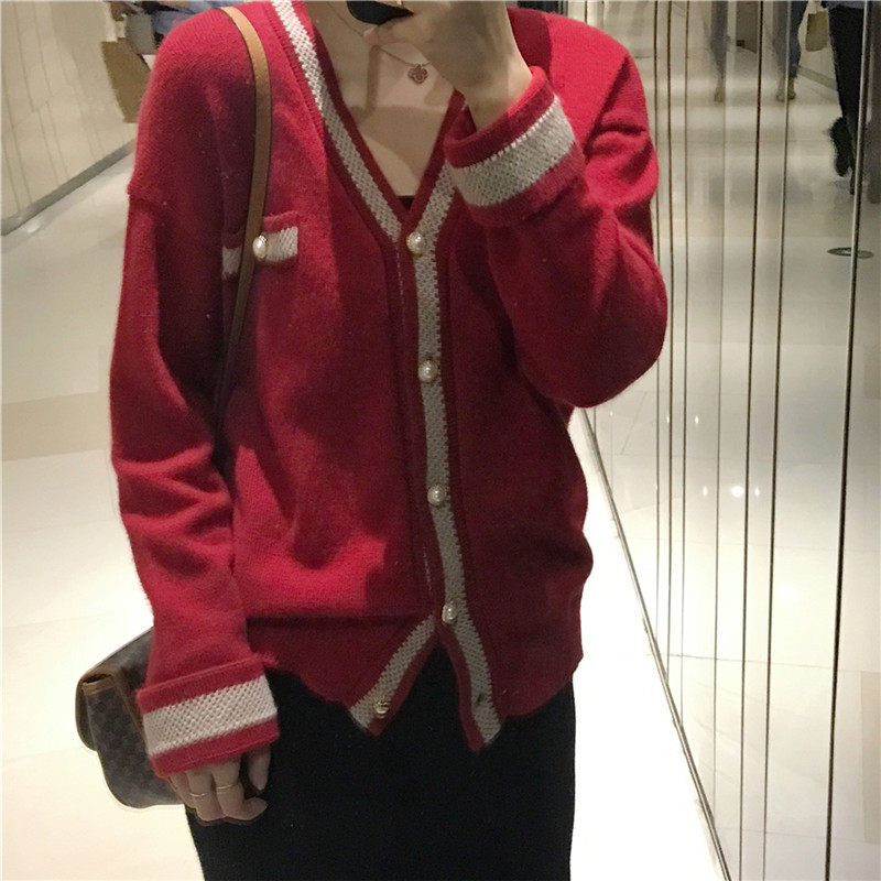 车厘子红色毛衣女外套气质短款开衫 黎凡奈毛针织衫