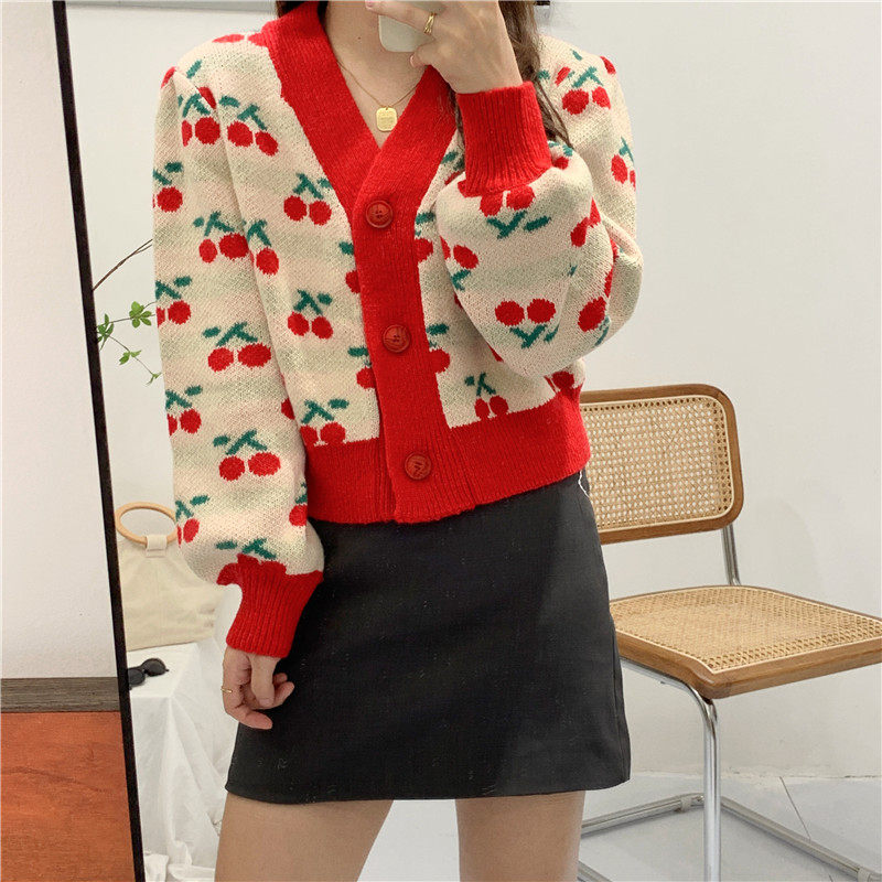 韩版提花小樱桃灯笼袖针织开衫毛衣 黎凡奈毛针织衫