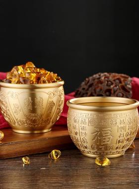 黄铜百福缸招米缸拉丝聚宝盆装元宝铜钱精雕对联缸财礼品摆件