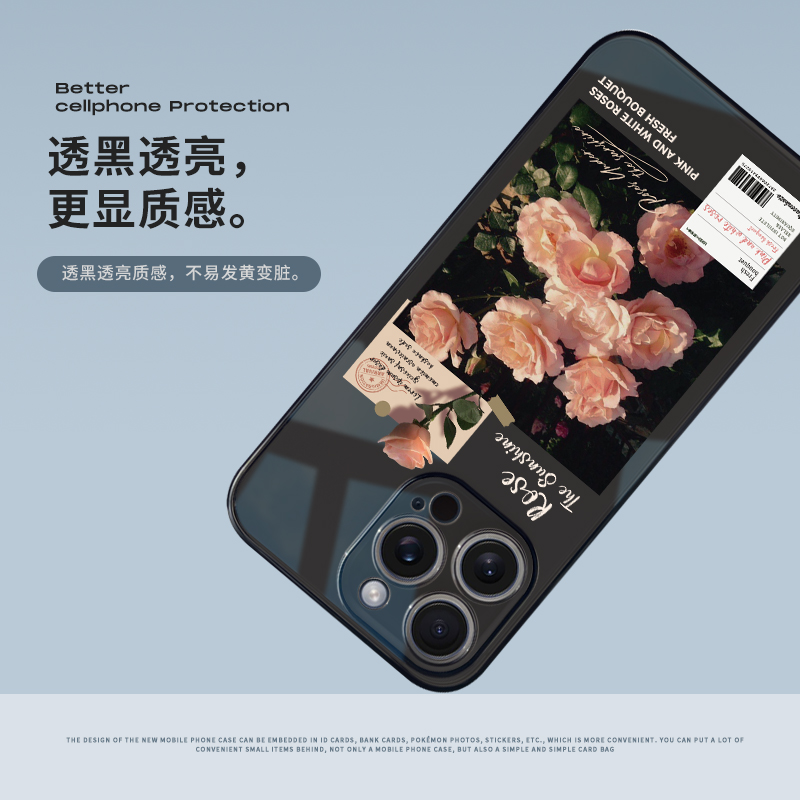 适用于苹果15新款透黑手机壳iPhone14promax镜头全包壳苹果13pro创意粉白玫瑰拼贴12promax硅胶软11太空壳-图3