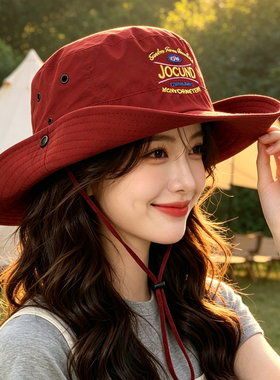 夏季红色防晒速干登山渔夫帽女