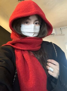 韩系帽子围巾一体加厚保暖针织帽女冬季巴拉克拉法帽护耳连帽围脖