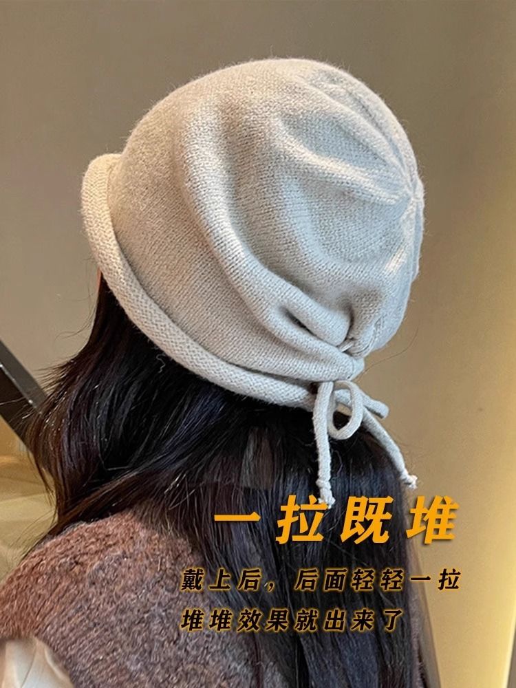 抽绳帽子女春秋毛线帽堆堆帽情侣包头帽针织帽子冬季月子帽大头围