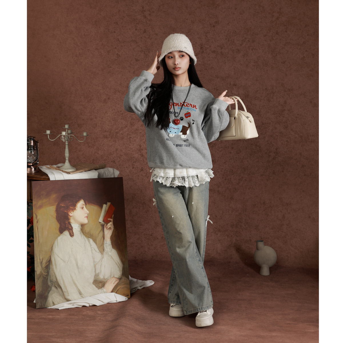 西町村屋趣味小狗毛巾绣花卫衣女春季新款休闲圆领上衣XAAA10146,淘宝优惠券,粉丝福利购,淘宝优惠卷