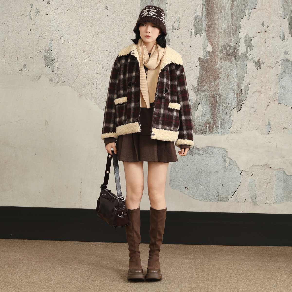 西町村屋学院感外套女装2025冬新款复古格纹贝壳绣上衣XHAD10203 - 图1