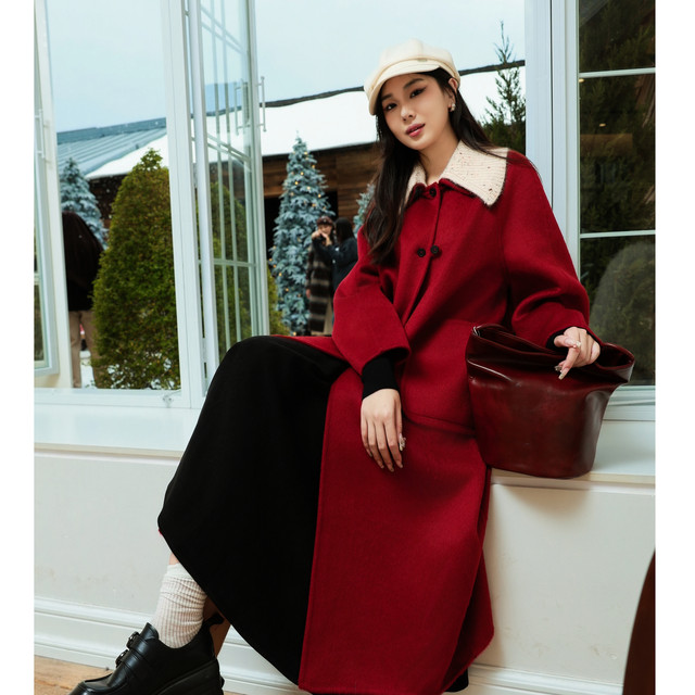 西町村屋气质针织领羊毛大衣女秋冬新款气质长款双面呢XH9D10037