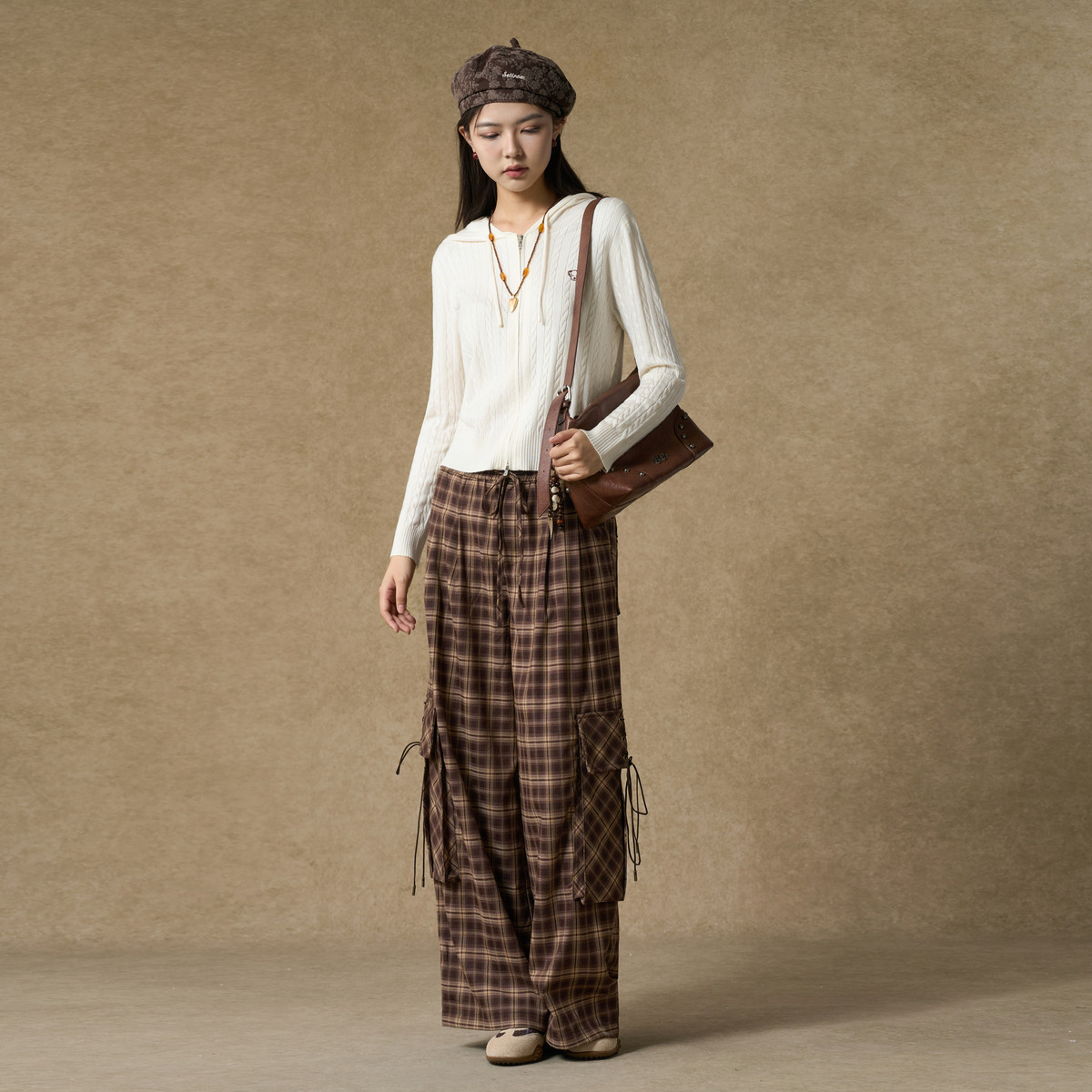 西町村屋潮流阔腿裤女装2025秋季新款休闲风抽绳格子裤XAAC10325,淘宝优惠券,粉丝福利购,淘宝优惠卷