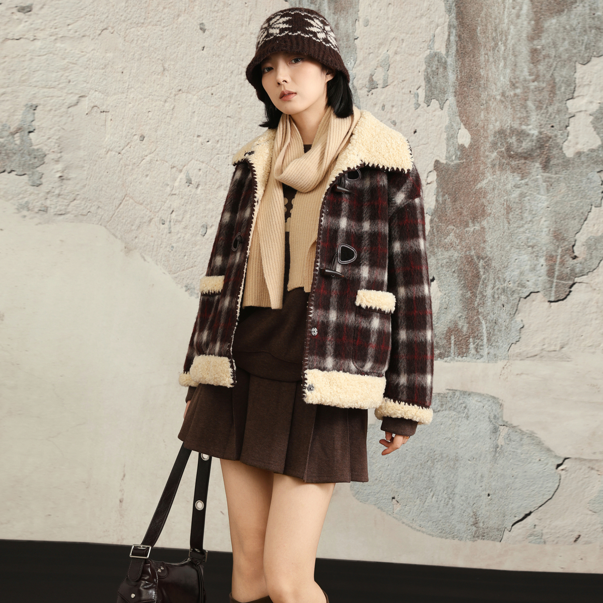 西町村屋学院感外套女装2025冬新款复古格纹贝壳绣上衣XHAD10203 - 图0