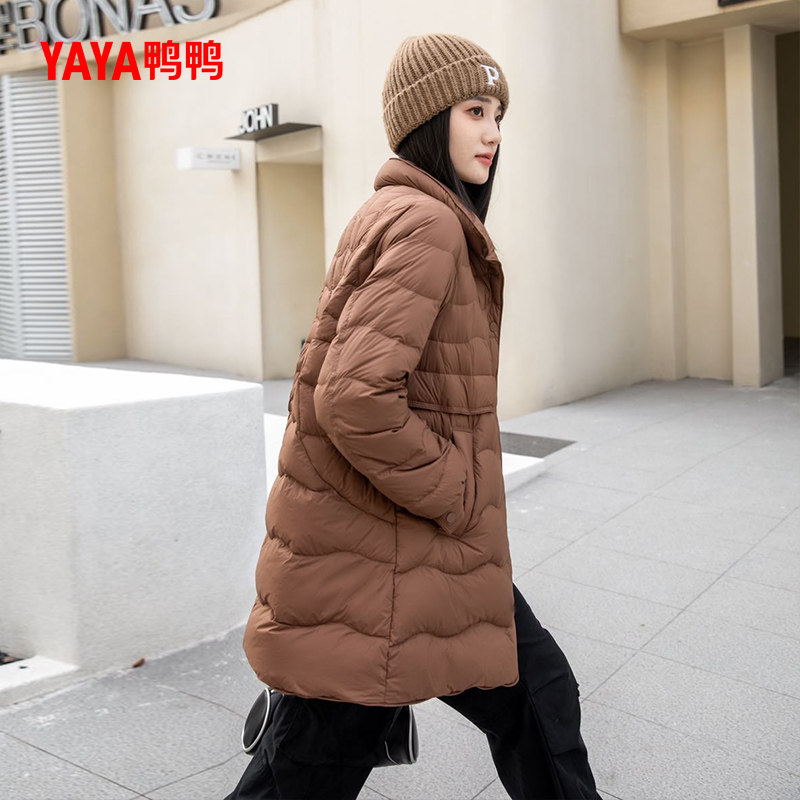 鸭鸭2024年冬季新款单排扣衬衫领轻薄羽绒服女中长款气质休闲宽松