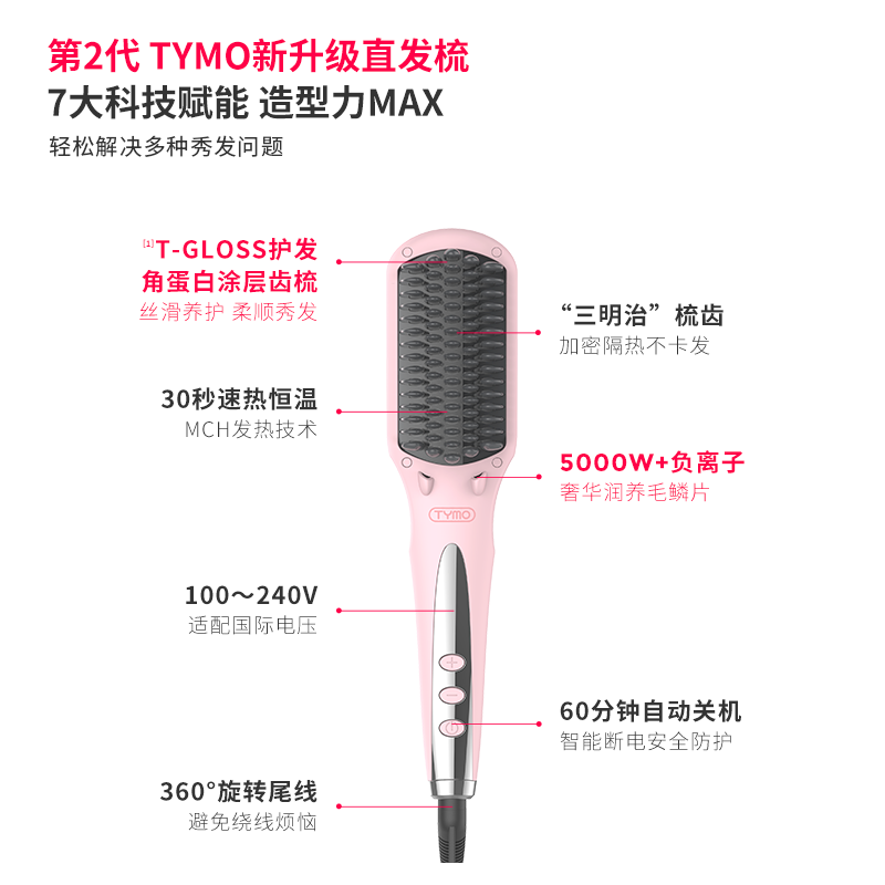 TYMO2代千万负离子直发梳两用美发造型梳护发蓬松拉直内扣插电款