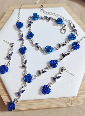 法式森系玫瑰耳环 复古浪漫红色花朵手链小众设计感项链套装