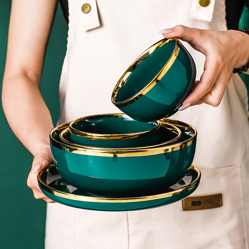 禾风之匠轻奢祖母绿金边单个组合碗筷北欧风高档碗碟套装家用餐具 - 图0