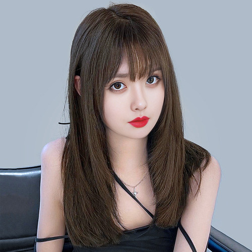 假发女长发直发锁骨头套式仿真人发丝自然圆脸中长发全头套假发套 - 图1