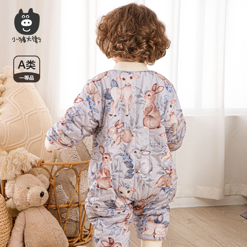 小猪大卫婴幼儿连体棉服加厚加绒新生儿爬爬服连帽卡通保暖爬行服