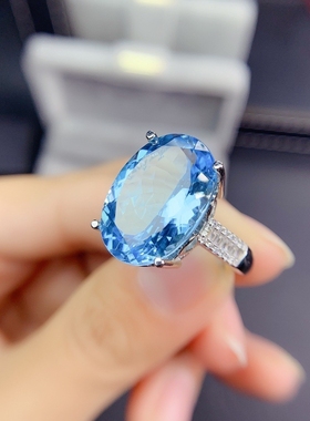 高端网红直播热卖新品大克拉仿真天空蓝托帕石满钻开口戒指女百搭