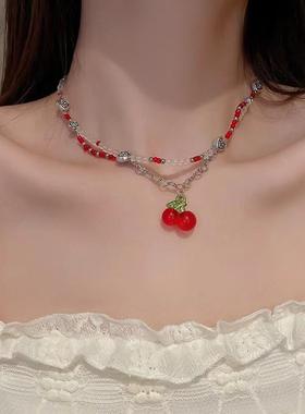 夏日甜美小众串珠爱心项链红色樱桃吊坠水晶琉璃串珠双层锁骨链