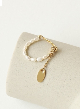 法式复古戒指高级感气质珍珠链条可调节食指戒指女时尚个性百搭