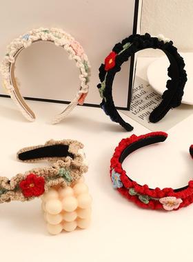 冬潮流复古手工针织毛线发箍淑女可爱少女心毛线花朵宽头箍头饰