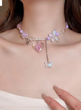 气质甜美日韩新品潮爱心吊坠串珠项链女个性甜酷时尚蝴蝶锁骨百搭