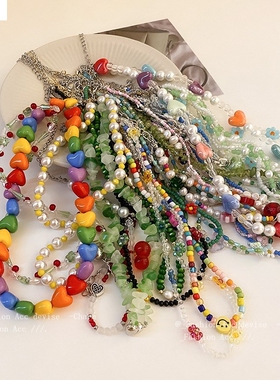 彩色花朵珍珠爱心串珠项链甜美小清新锁骨链新款年新品项饰女百搭